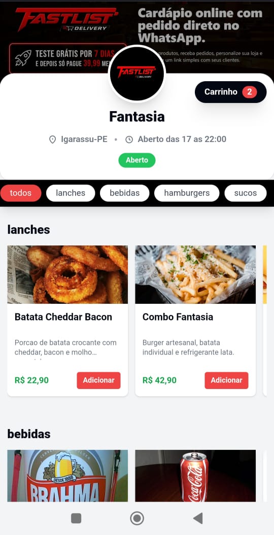 Loja online FastList no celular